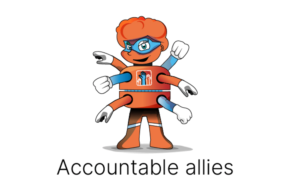 A cartoon character with six arms featuring the words "accountable allies," symbolizing the Lucid Group's core value of trusting one another and being clients' go-to partners for strategic support in healthcare marketing