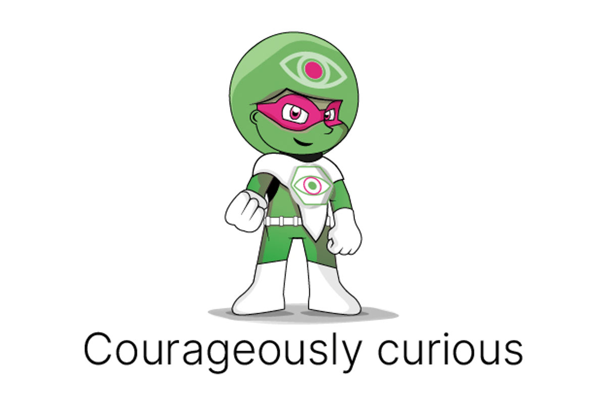 A cartoon character with a third eye featuring the words "courageously curious," symbolizing the Lucid Group's core value of pushing boundaries, thinking differently and disrupting the status quo in healthcare marketing