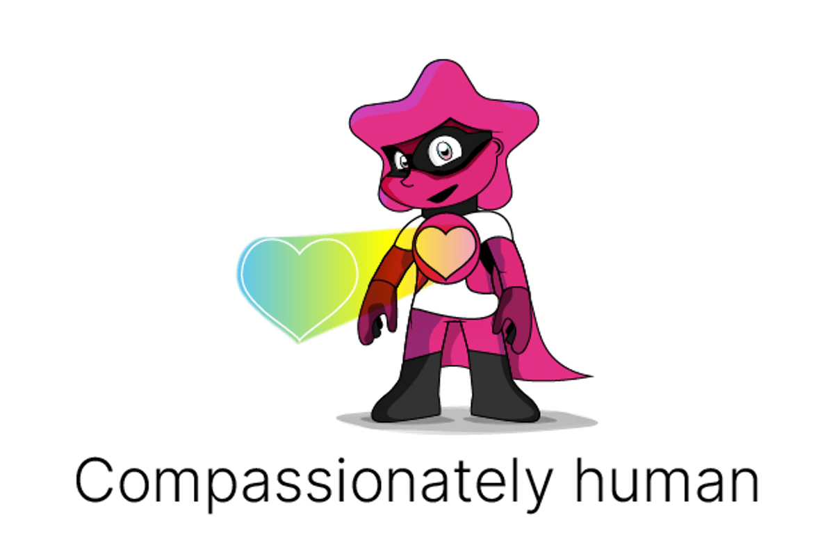 A cartoon superhero character with a large heart featuring the words "compassionately human," symbolizing the Lucid Group's core value of prioritize the human impact of healthcare marketing