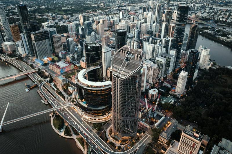 Aerial view of a bustling city skyline.