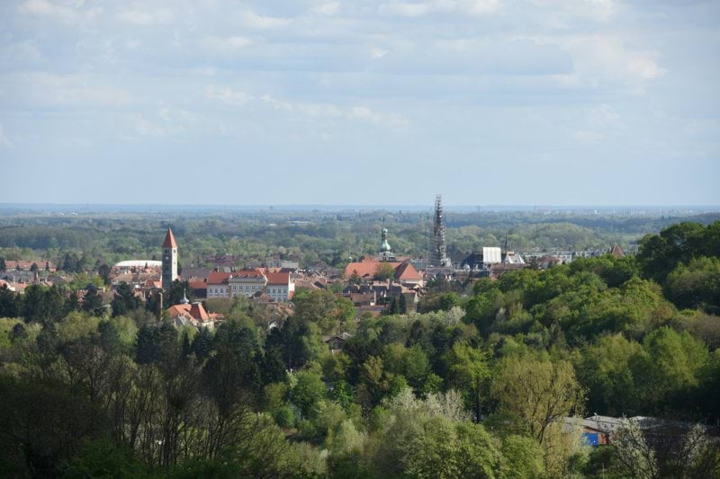 A scenic view of a town among the trees.