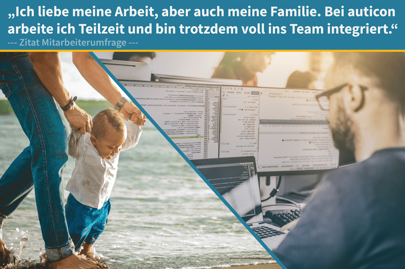 Das Bild zeigt links ein Kind mit Elternteil im Wasser, rechts einen Mann am Computer – sinnbildlich für Vereinbarkeit von Beruf und Familie. Im Bild: ‚Ich liebe meine Arbeit und meine Familie. Bei auticon arbeite ich Teilzeit und bin voll integriert.‘