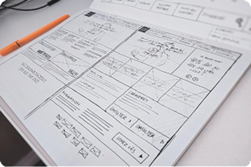 A hand-drawn website wireframe in a notebook showing layout designs with headers, text boxes, and UI elements next to an orange pen.