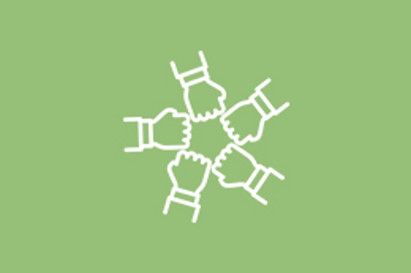 Drawn hands next to each other in circle in white on Spring Green background