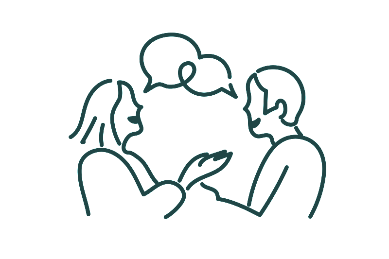 Line drawing illustration of woman and man talking with speech bubbles