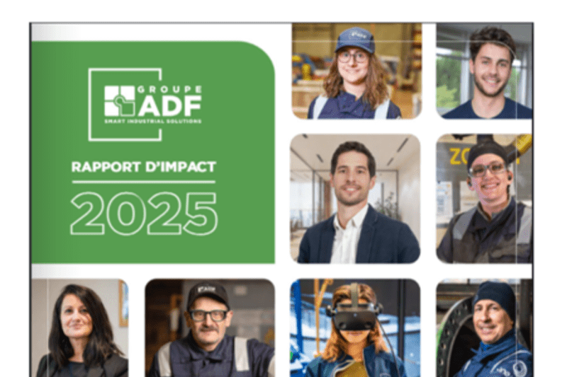 Page de couverture du Rapport d'Impact 2025 du Groupe ADF, illustrée par plusieurs carrés représentant le profil de plusieurs salariés