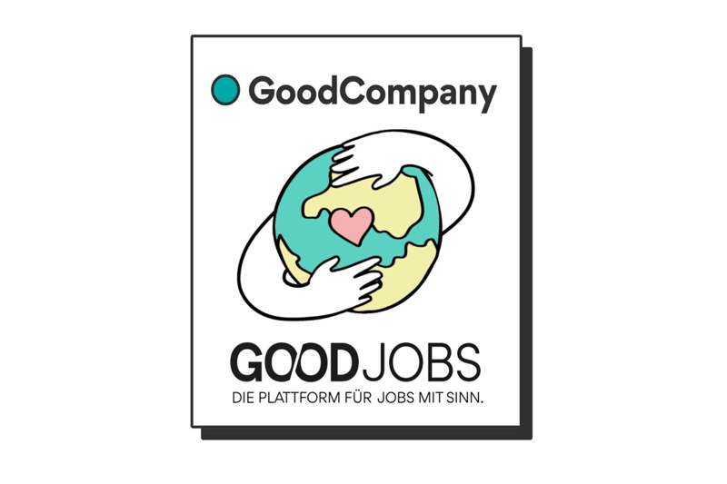 Das GoodCompany-Siegel der Plattform GoodJobs mit einer Illustration: Eine Erdkugel mit einem Herz in der Mitte wird schützend umarmt – Symbol für sinnstiftendes Arbeiten. auticon wurde als GoodCompany ausgezeichnet 