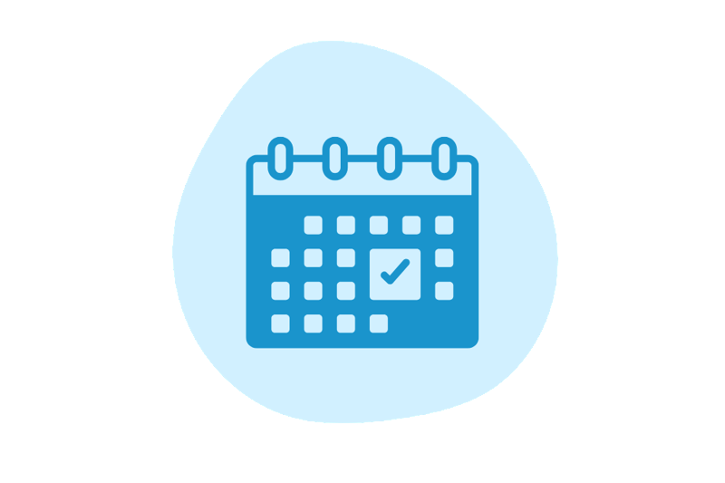 Blue calendar icon with a tick on one of the dates