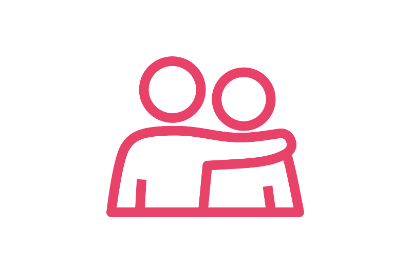Pink line icon of two people with an arm around each other, representing kindness, care, and mutual support.