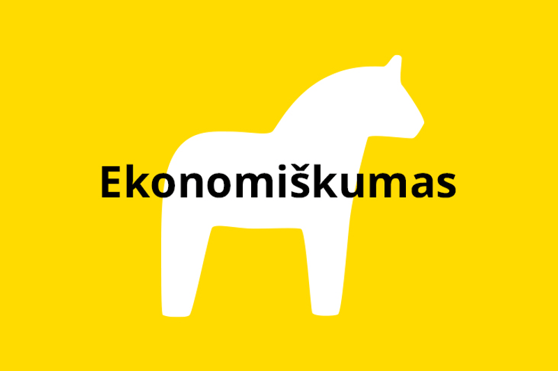 Baltas Dalos arkliuko siluetas geltoname fone su centre užrašytu tekstu: „Ekonomiškumas“.
