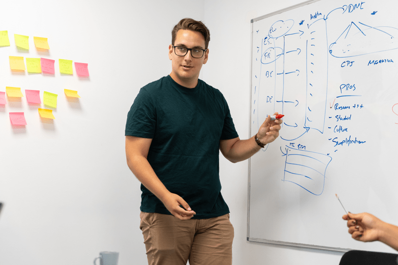 sd worx employees discussing new strategies in the office