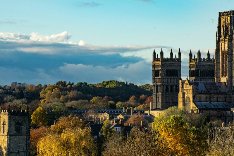 a view of a city with a castle in the background