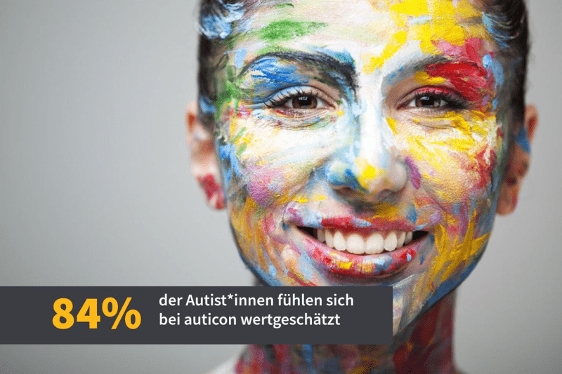 Frau mit lächelndem, bunt bemaltem Gesicht, Symbol für Vielfalt und das Maskieren von Autist*innen im Alltag; daneben der Text: „84 % der Autist*innen fühlen sich bei auticon wertgeschätzt“.