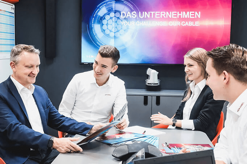 Das Bild zeigt vier Geschäftsleute in einem Besprechungsraum, die gemeinsam Unterlagen besprechen.
