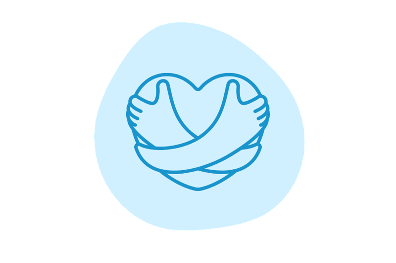 Hands wrapped around a heart in a blue circle