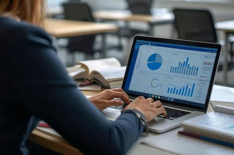 Woman working on laptop with charts and graphs