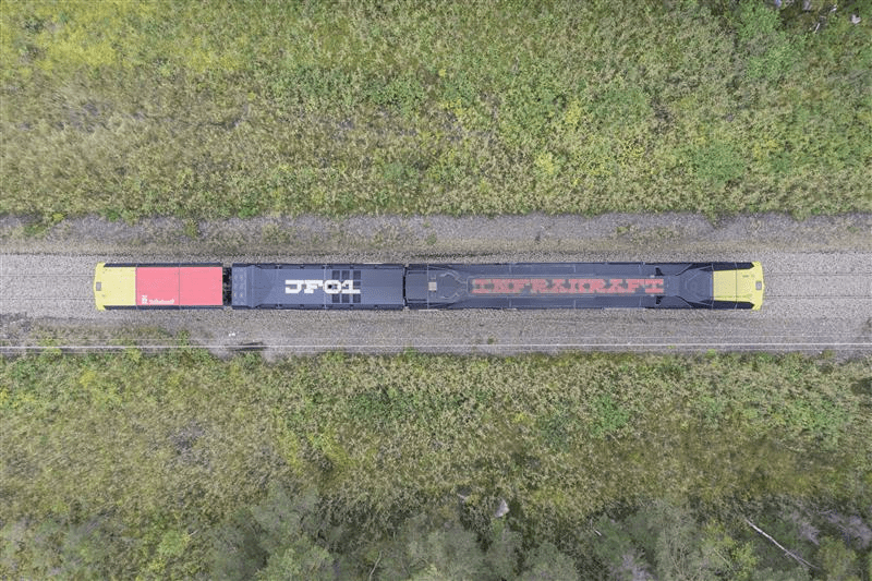Infrakrafts spårriktar-tåg fotograt uppifrån.
