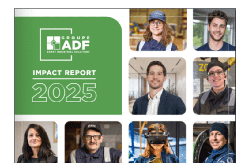 Voorpagina van het GROUPE ADF Impactrapport 2025, geïllustreerd met meerdere vierkanten die de profielen van verschillende medewerkers weergeven.