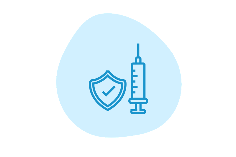 Shield next to a syringe inside a blue circle