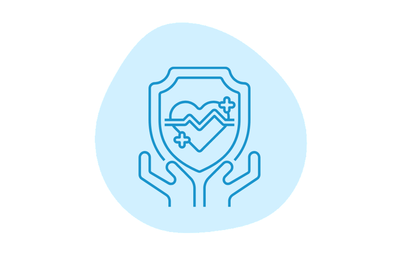 Hands holding up a shield with a heart inside it on a blue background