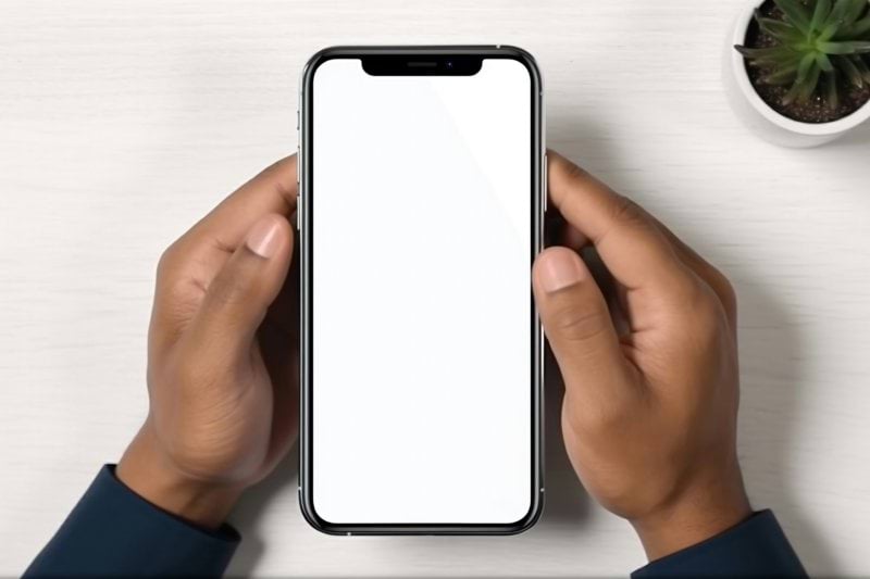 a person holding a phone with a white screen