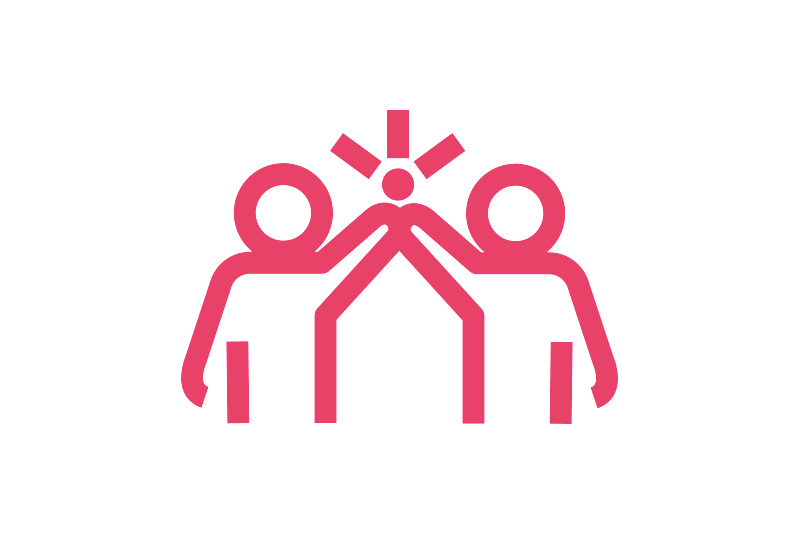 Pink line icon of two people joining hands with an emphasis symbol above, representing teamwork, collaboration, and working as one team.