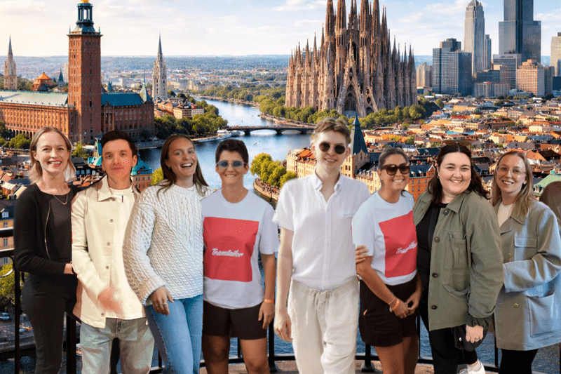 An edited photo of a team with different locations in background
