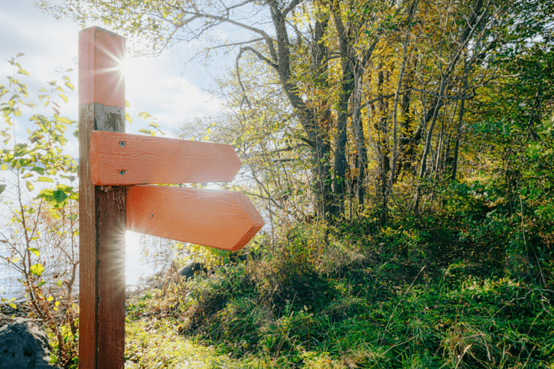 En skylt med orangea pilar. Vattenblänk i bakgrunden.