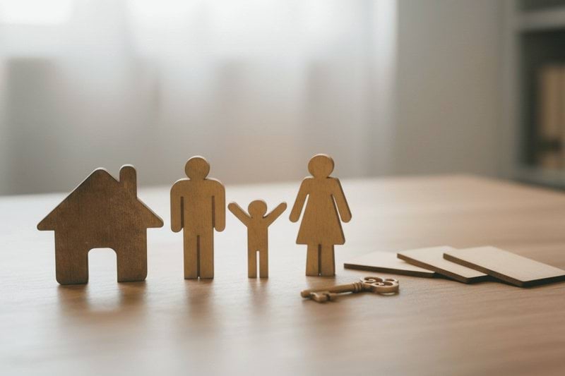 Wooden family figures and house with keys on table.