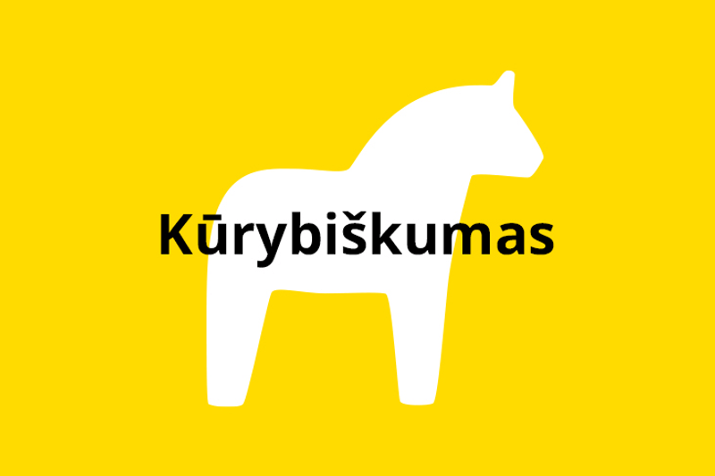 Baltas Dalos arkliuko siluetas geltoname fone su centre užrašytu tekstu: „Kūrybiškumas“.