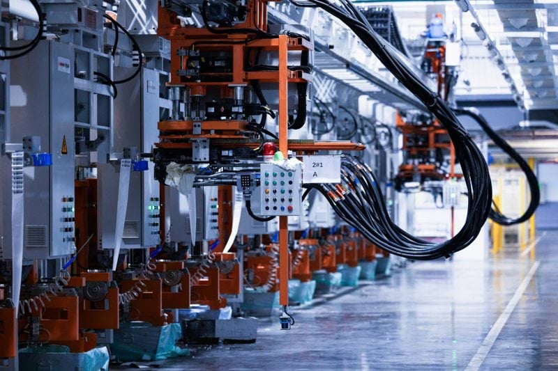 a line of electrical equipment in a factory