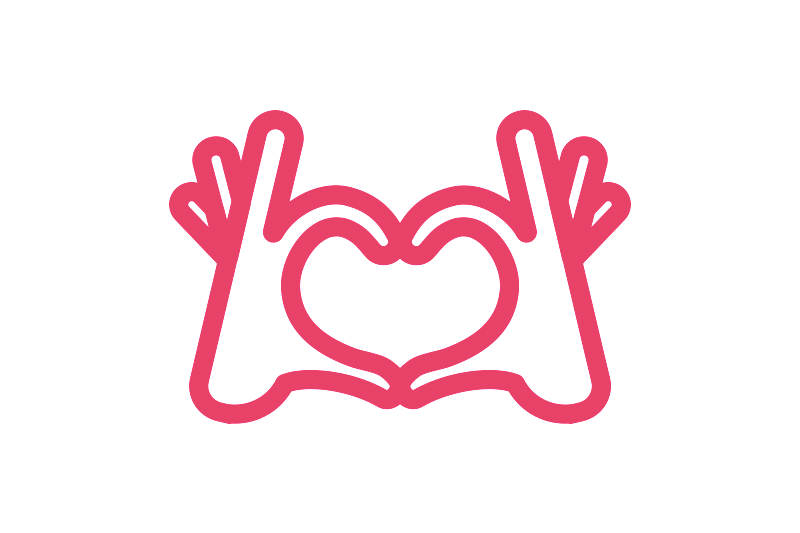 Pink line icon of two hands forming a heart shape, representing care, protection, and safety.
