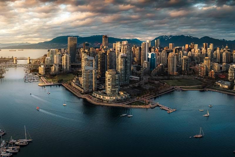 an aerial view of a city and a harbor