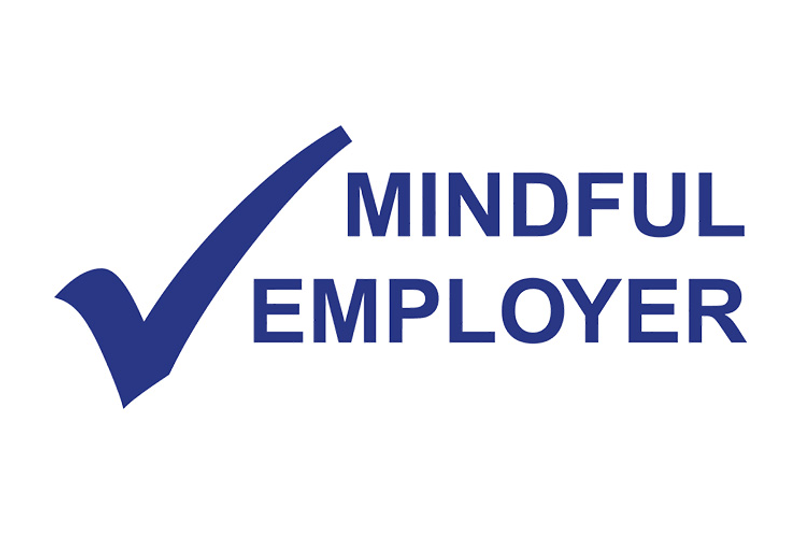 Logo featuring a large blue check mark followed by the words 'Mindful Employer' in bold blue uppercase letters, representing a commitment to mental health awareness and support in the workplace.