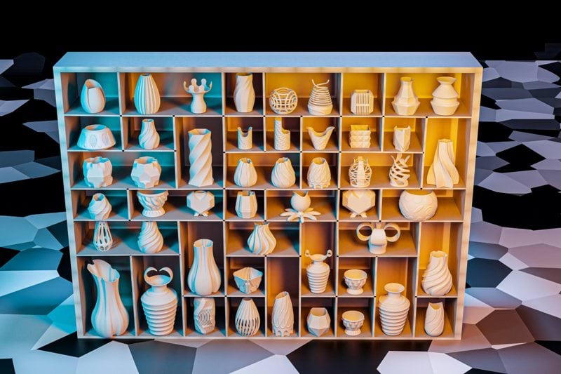a display case filled with lots of white vases