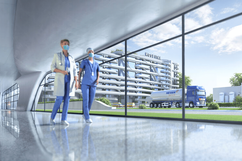 Two medical professionals walking inside a building with large windows showing an hospital and a tanker truck outside