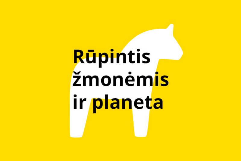 Baltas Dalos arkliuko siluetas geltoname fone su centre užrašytu tekstu: „Rūpintis žmonėmis ir planeta“.