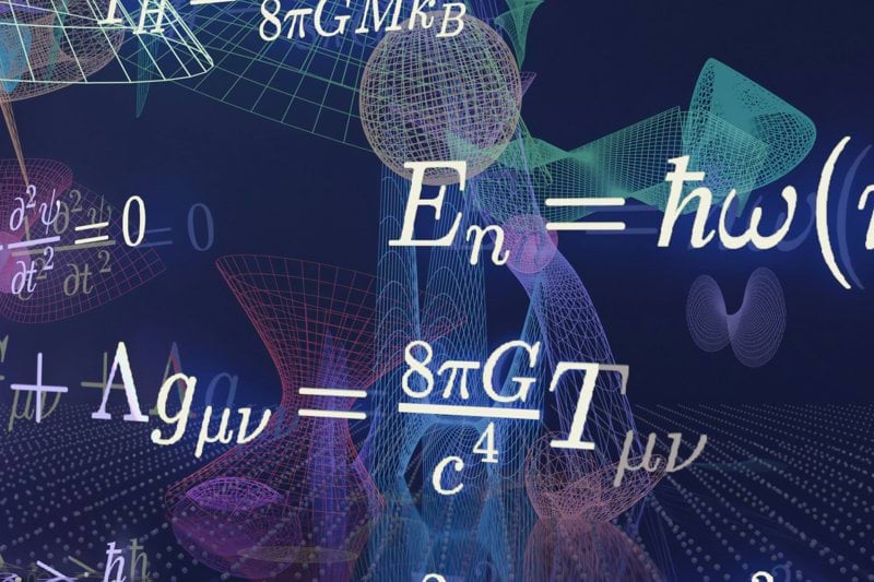 Scientific equations and abstract glowing forms against a dark background