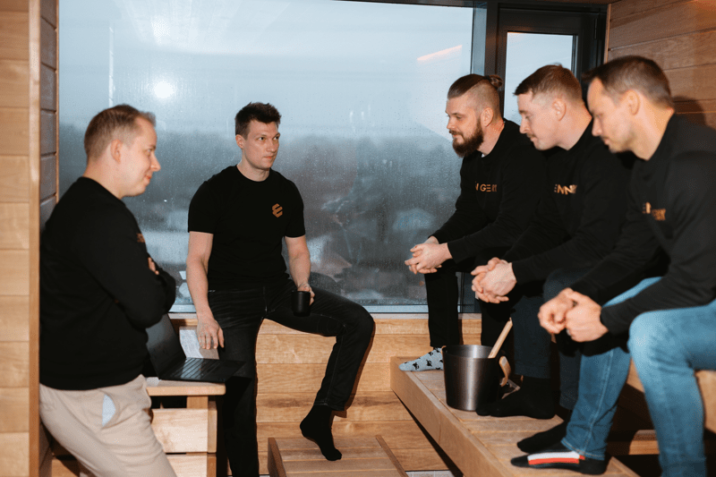 Engineers having a meeting in sauna