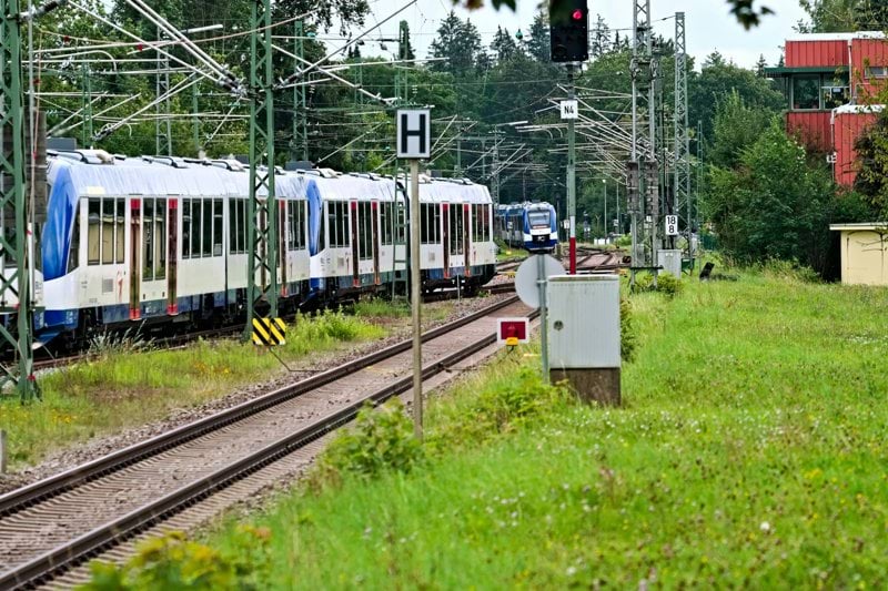 A train traveling down train tracks next to a lush green field