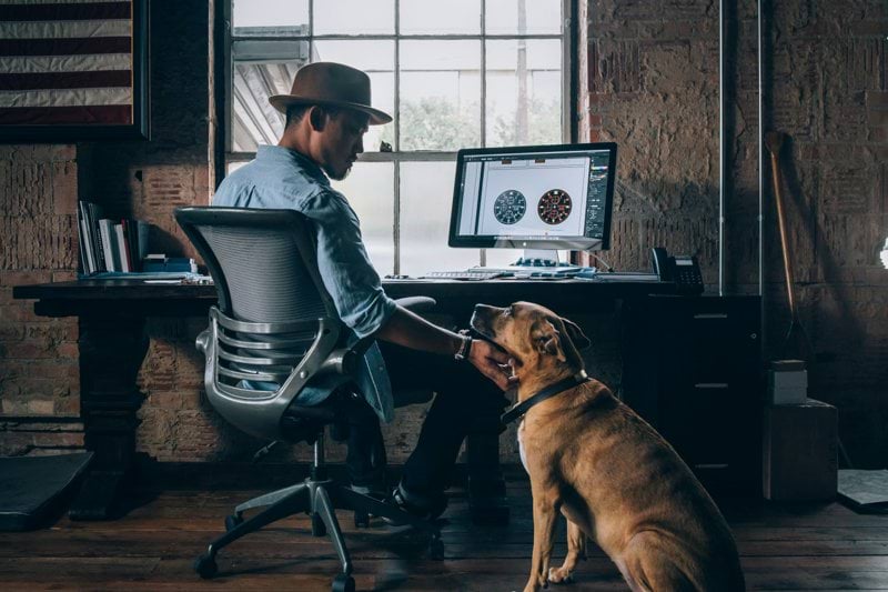 man sitting on rolling chair holding dog