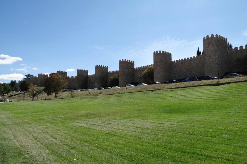 A grassy field with a castle in the background