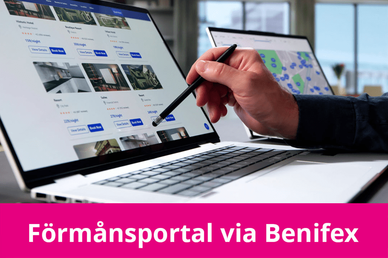 Bild på en lap top som visar förmåner som erbjuds