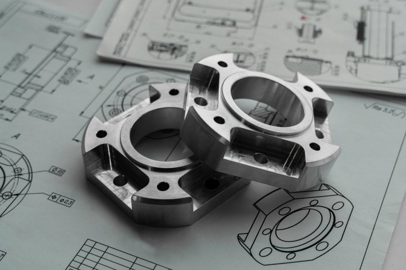 Two metal mechanical parts on engineering blueprints