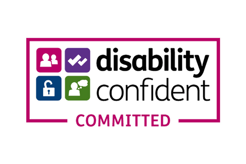 Disability Confident Committed logo with icons representing inclusion and accessibility.