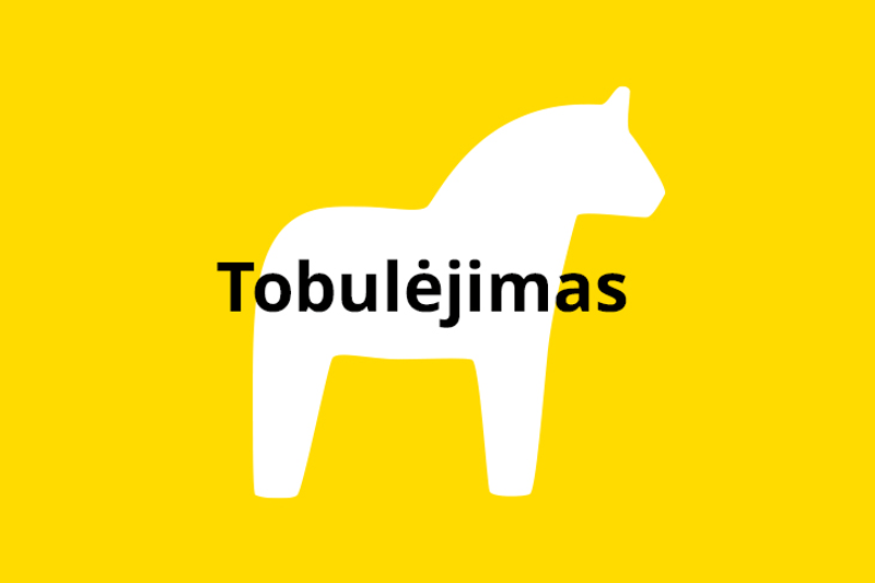 Baltas Dalos arkliuko siluetas geltoname fone su centre užrašytu tekstu: „Tobulėjimas“.