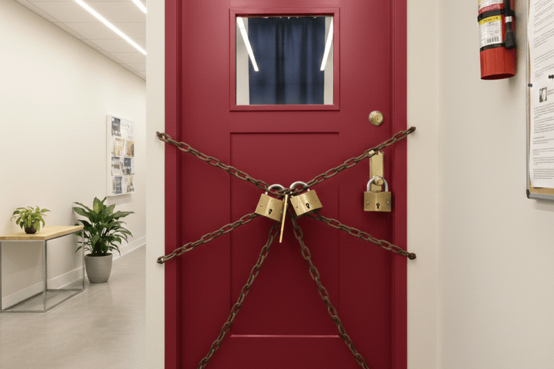 Red door heavily padlocked