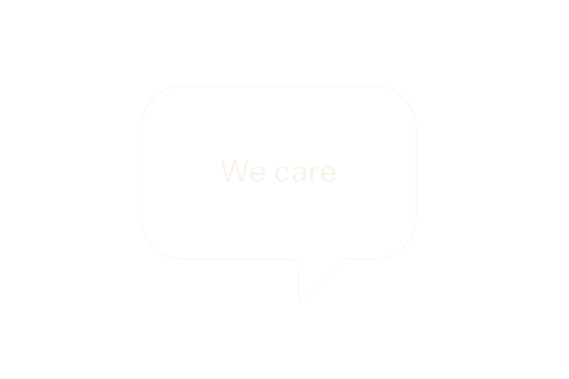 Weiße Sprechblase mit den Worten "We care"