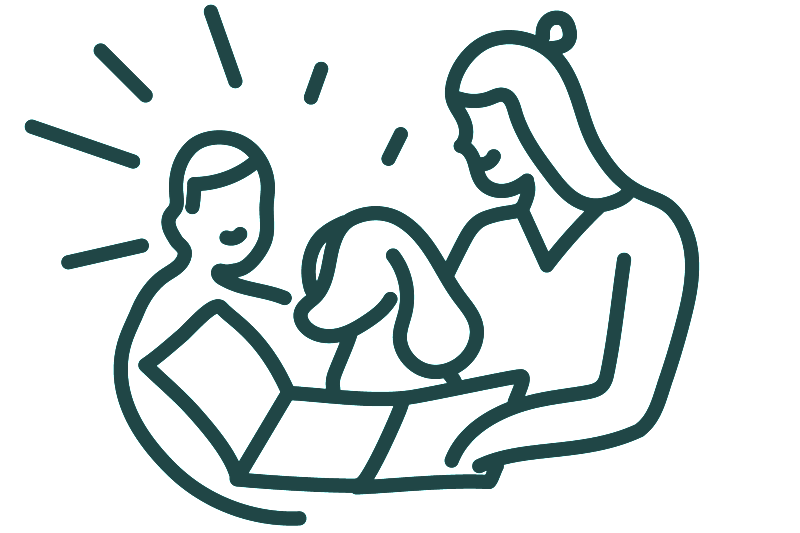 Illustration line drawing of parent and child with dog reading book