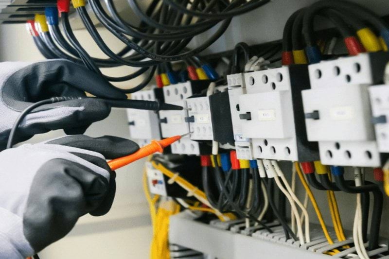 Electrician testing electrical panel with multimeter.